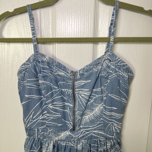 Vans Skater Sundress XS Denim Blue Chambray Tropical Leaf Print Zip Front - Picture 2 of 12